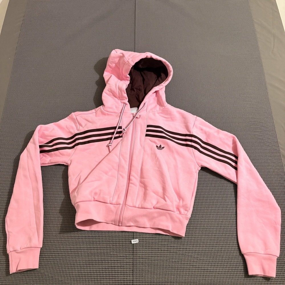 Adidas Originals Womens Pink Brown 3-Stripe Cropped Full Zip Hoodie Size S